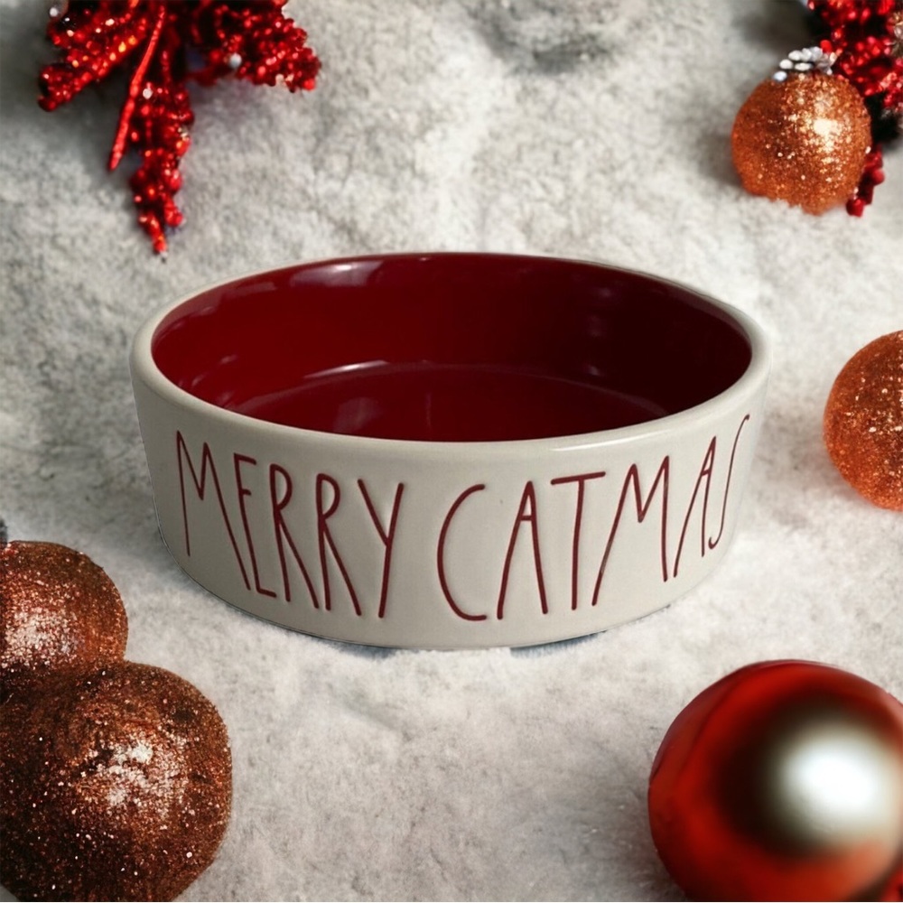 Rae Dunn MERRY CATMAS Cat Food Water Dish Red White 5" Christmas Holiday NEW